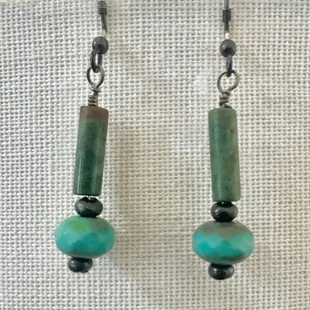 Artisan Boho Earrings Green Tube Beads & Turquoise-Style Faceted Rondelles